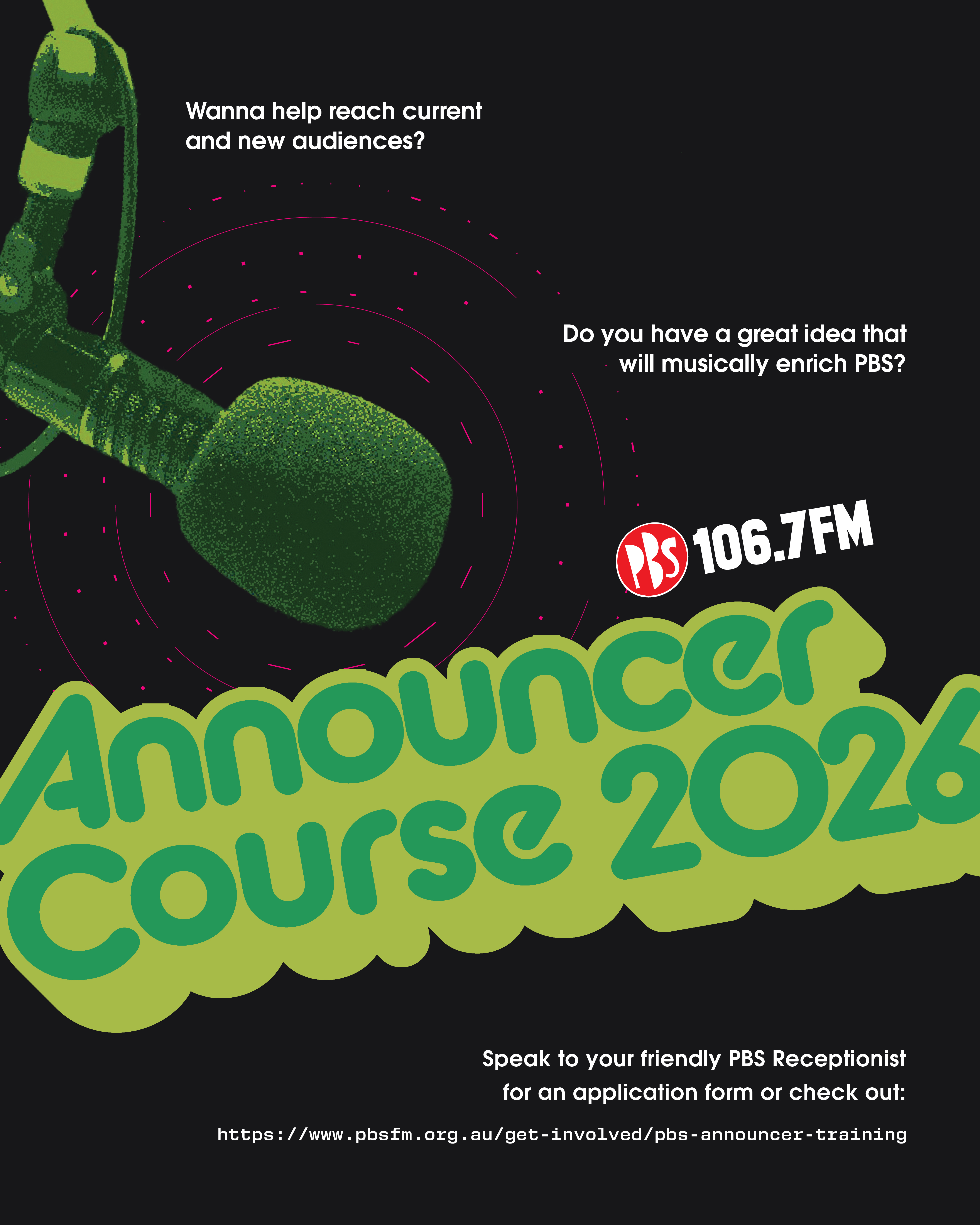 Picture of a microphone PBS Announcer Course 2026 poster by Jeremy Leopando